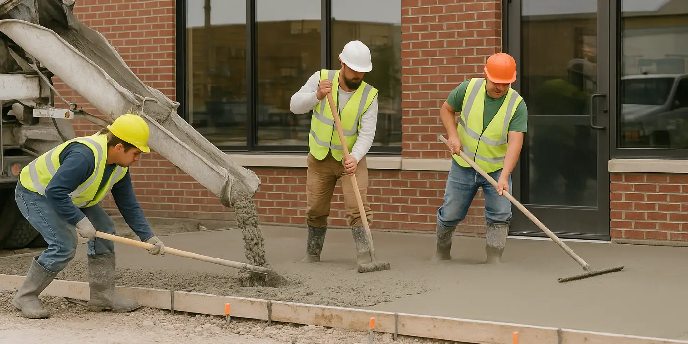 3 concrete contractors spreading concrete on the ground for a sidewalk from Concrete Tree Phoenix in Phoenix, AZ - Concrete Cutting Company
