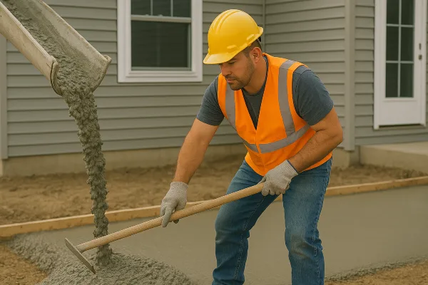 a man spreading the cement that a truck is pouring on the ground from Concrete Tree Phoenix in Phoenix, AZ - concrete patio contractor
