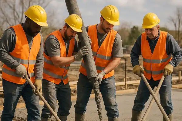 4 workers pouring and spreading concrete on the ground from Concrete Tree Phoenix in Phoenix, AZ - concrete patio contractor