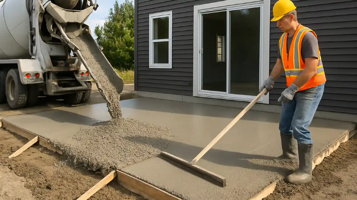 a man spreading the cement a truck is pouring to build a patio from Concrete Tree Phoenix in Phoenix, AZ - concrete slab foundation