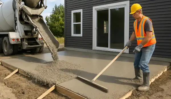 a man spreading the cement a truck is pouring to build a patio from Concrete Tree Phoenix in Phoenix, AZ - concrete slab foundation