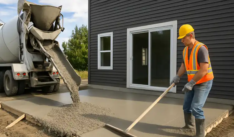 a man spreading the cement a truck is pouring to build a patio from Concrete Tree Phoenix in Phoenix, AZ - concrete slab foundation