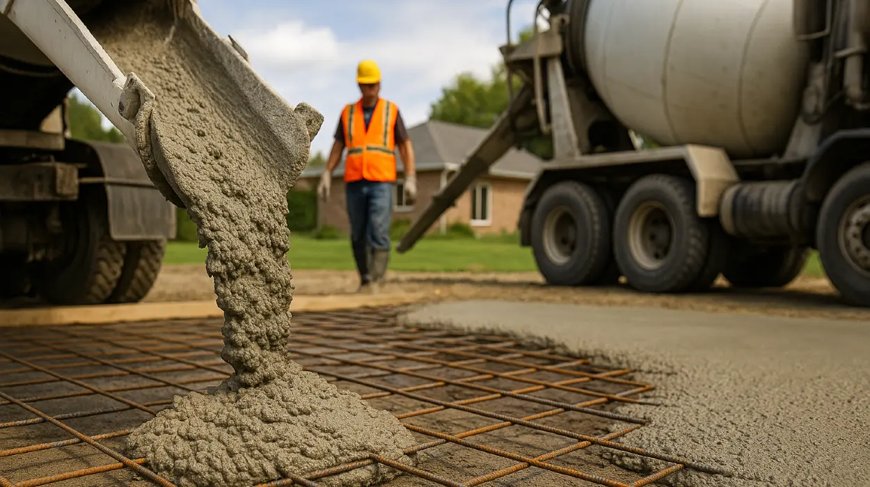 Cement truck pouring cement on a rebared ground from Concrete Tree Phoenix in Phoenix, AZ - Concrete Steps Building
