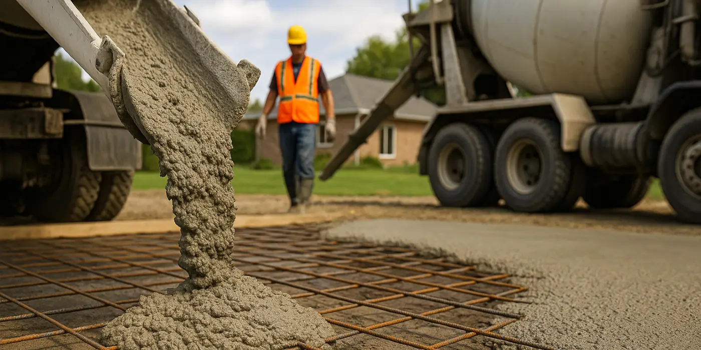 Cement truck pouring cement on a rebared ground from Concrete Tree Phoenix in Phoenix, AZ - Residential Concrete Repairs