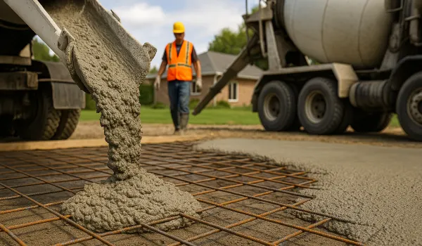 Cement truck pouring cement on a rebared ground from Concrete Tree Phoenix in Phoenix, AZ - Residential Concrete Repairs