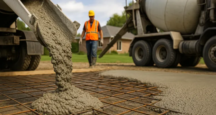 Cement truck pouring cement on a rebared ground from Concrete Tree Phoenix in Phoenix, AZ - Residential Concrete Repairs