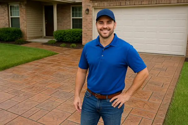 a concrete contractor smiling at the camera with stamped concrete behind him from Concrete Tree Phoenix in Scottsdale, AZ - Scottsdale AZ